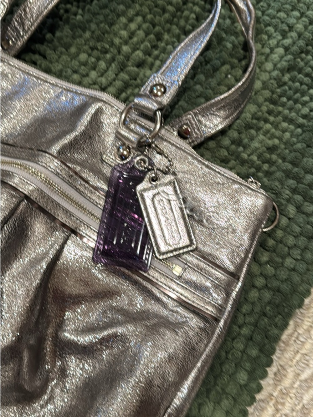Coach Metallic Silver Shoulder Bag with Purple Charm